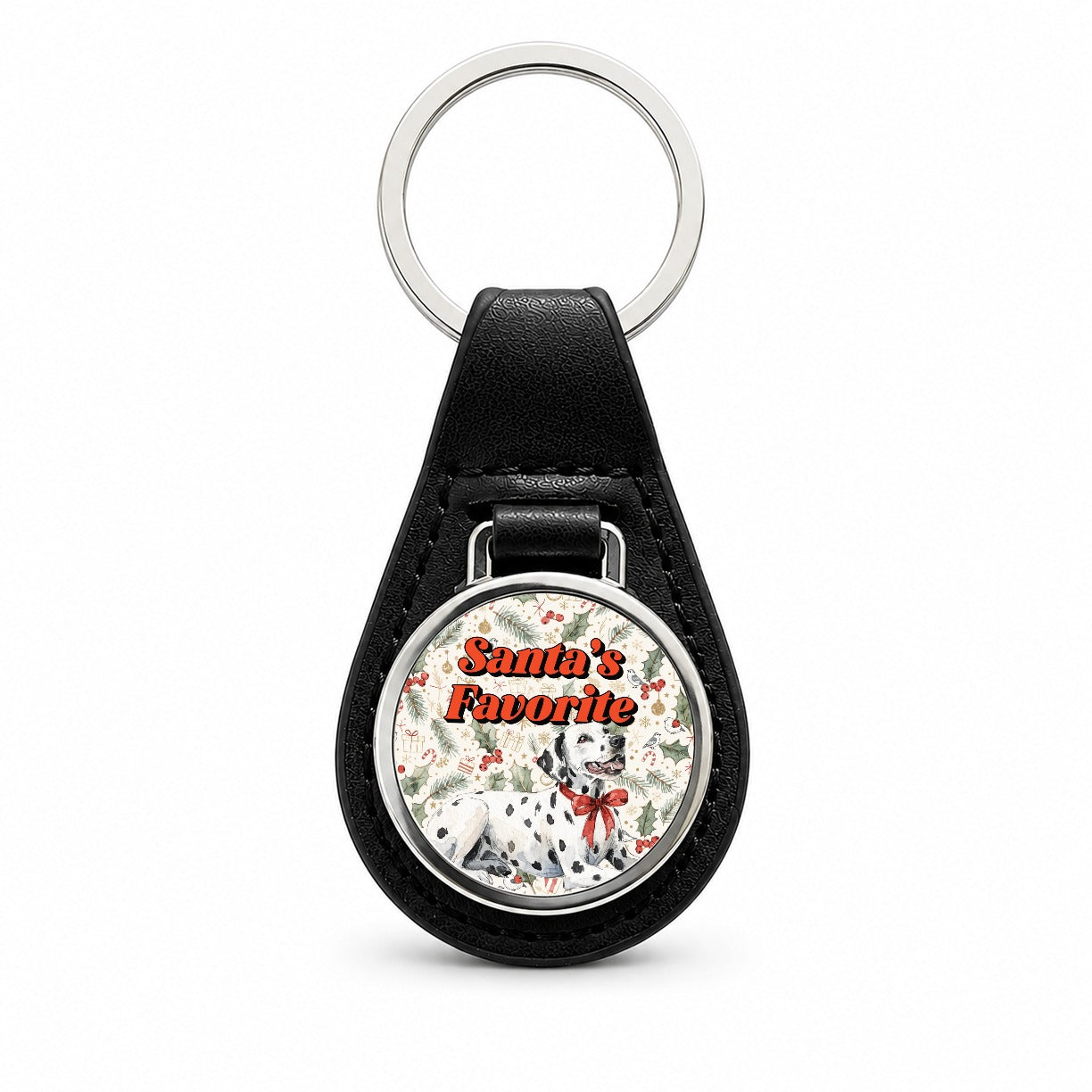 Dalmatian Dog Christmas Santa's Favorite Black Leather Metal Keychain