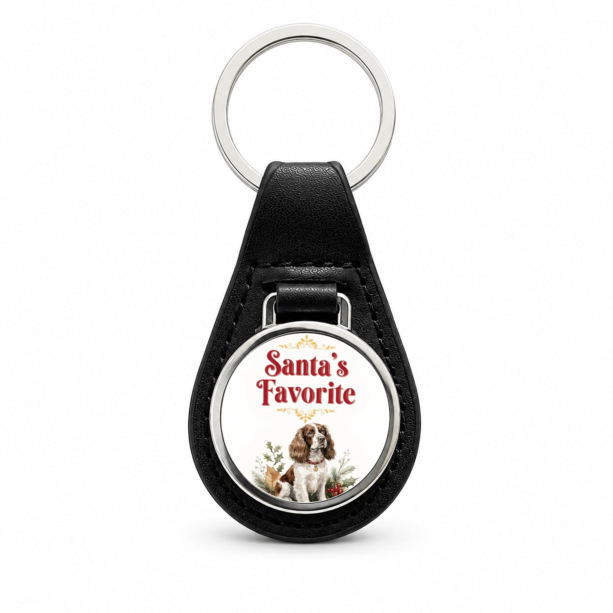 English Springer Spaniel Dog Christmas Santa's Favorite Black Leather Metal Keychain