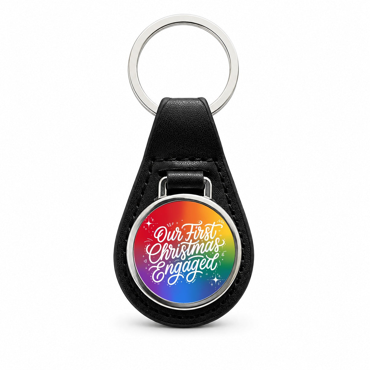 First Christmas Engaged Pride LGBTQ Rainbow Black Leather Metal Keychain
