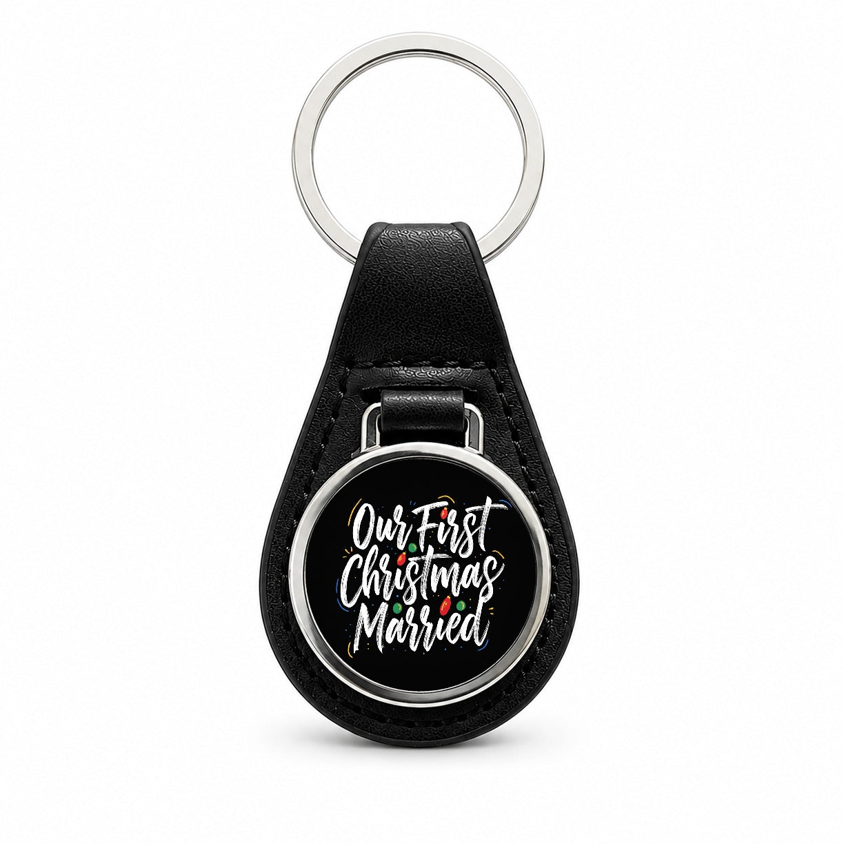 First Christmas Married On Black Black Leather Metal Keychain