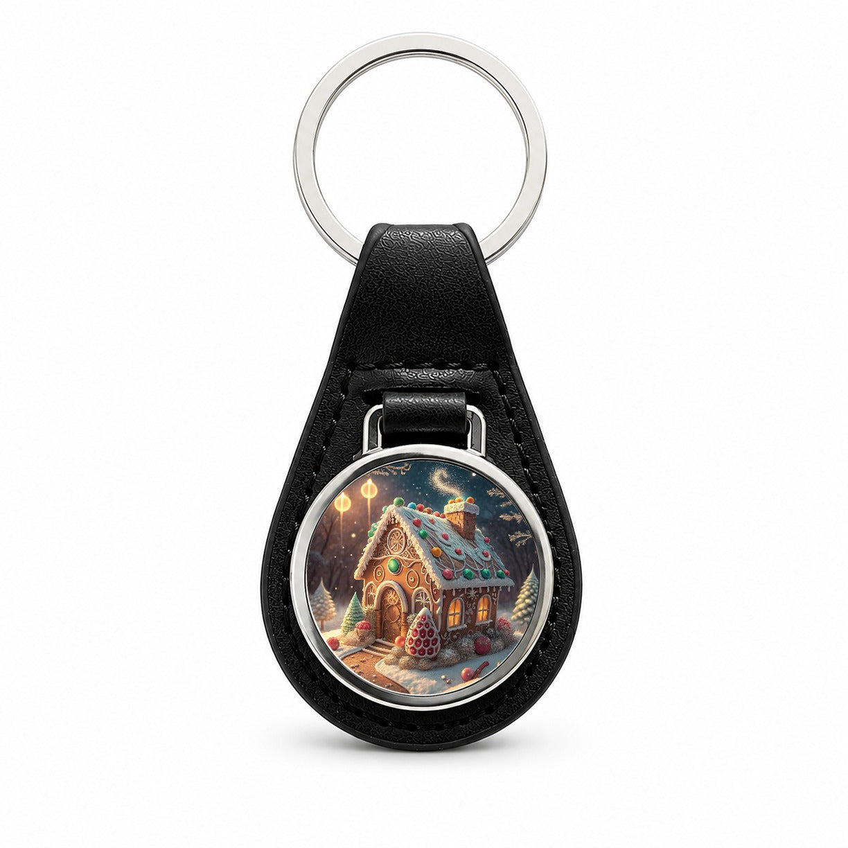 Gingerbread House Christmas Fancy Black Leather Metal Keychain