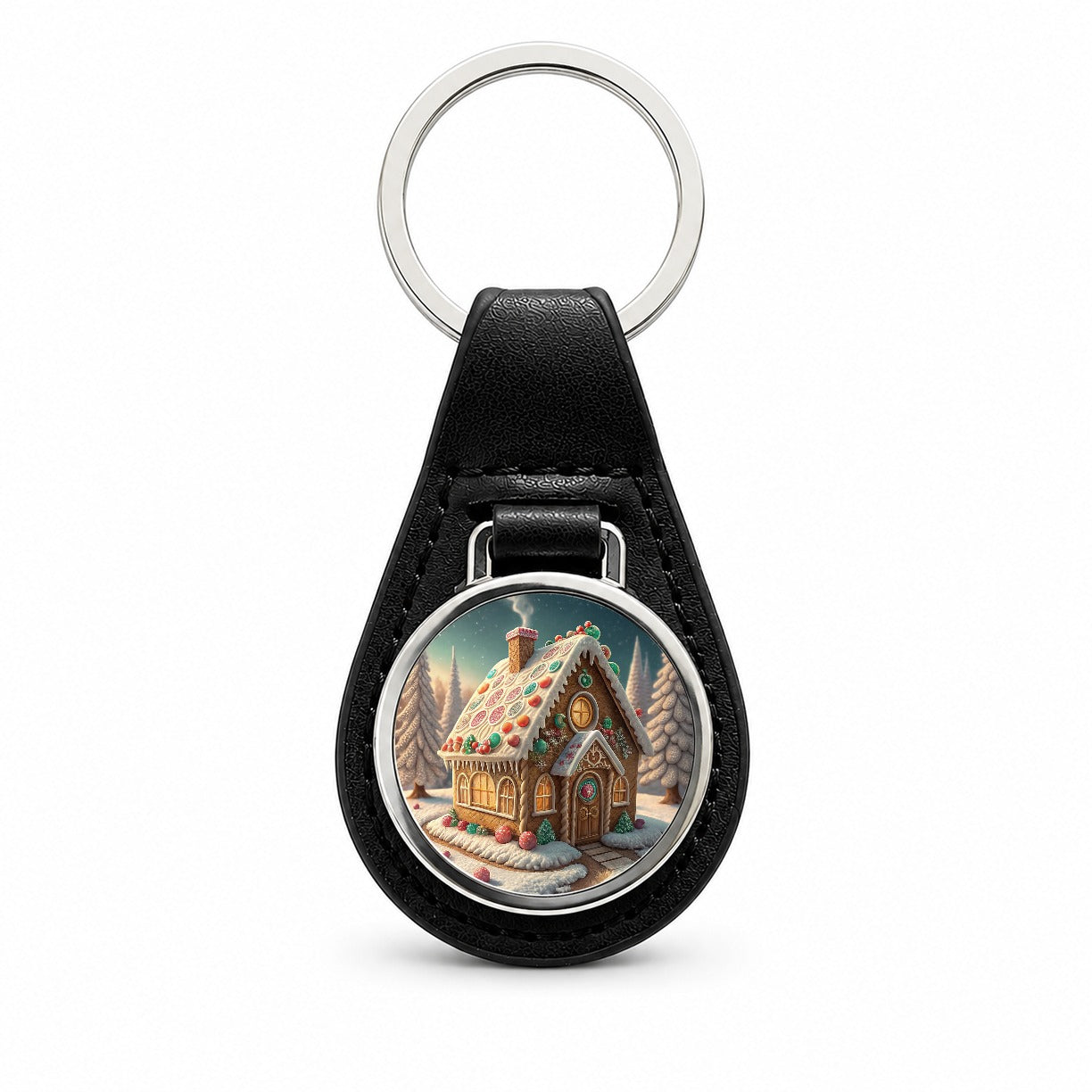 Gingerbread House Christmas Black Leather Metal Keychain