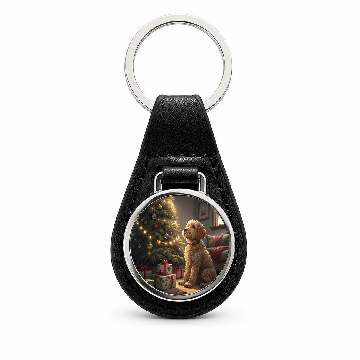 Goldendoodle Sitting Christmas Black Leather Metal Keychain