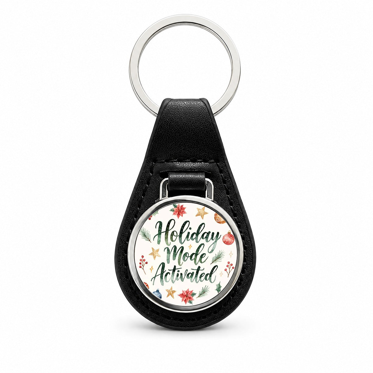 Holiday Mode Activated Christmas Funny Script Black Leather Metal Keychain