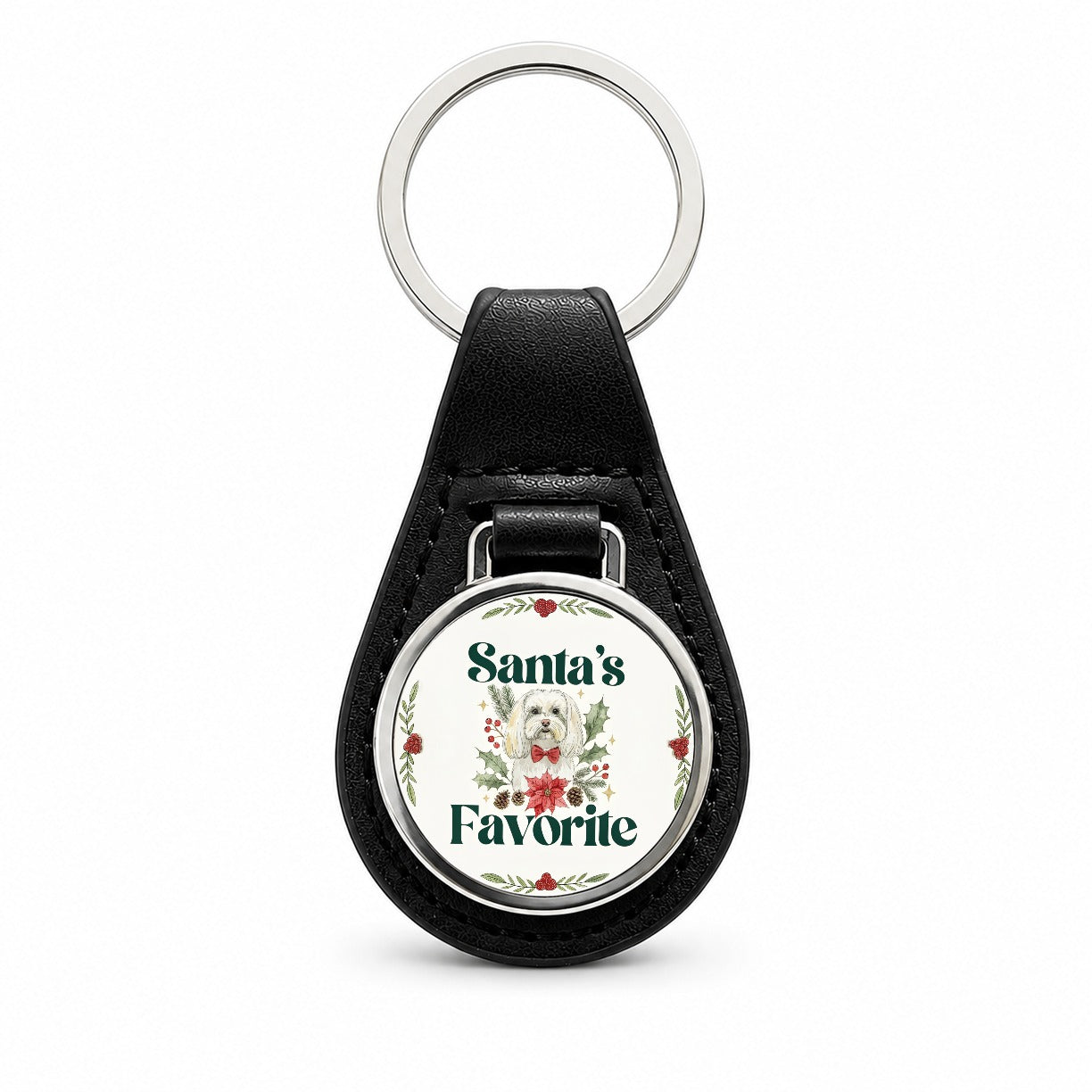 Maltese Dog Christmas Santa's Favorite Black Leather Metal Keychain