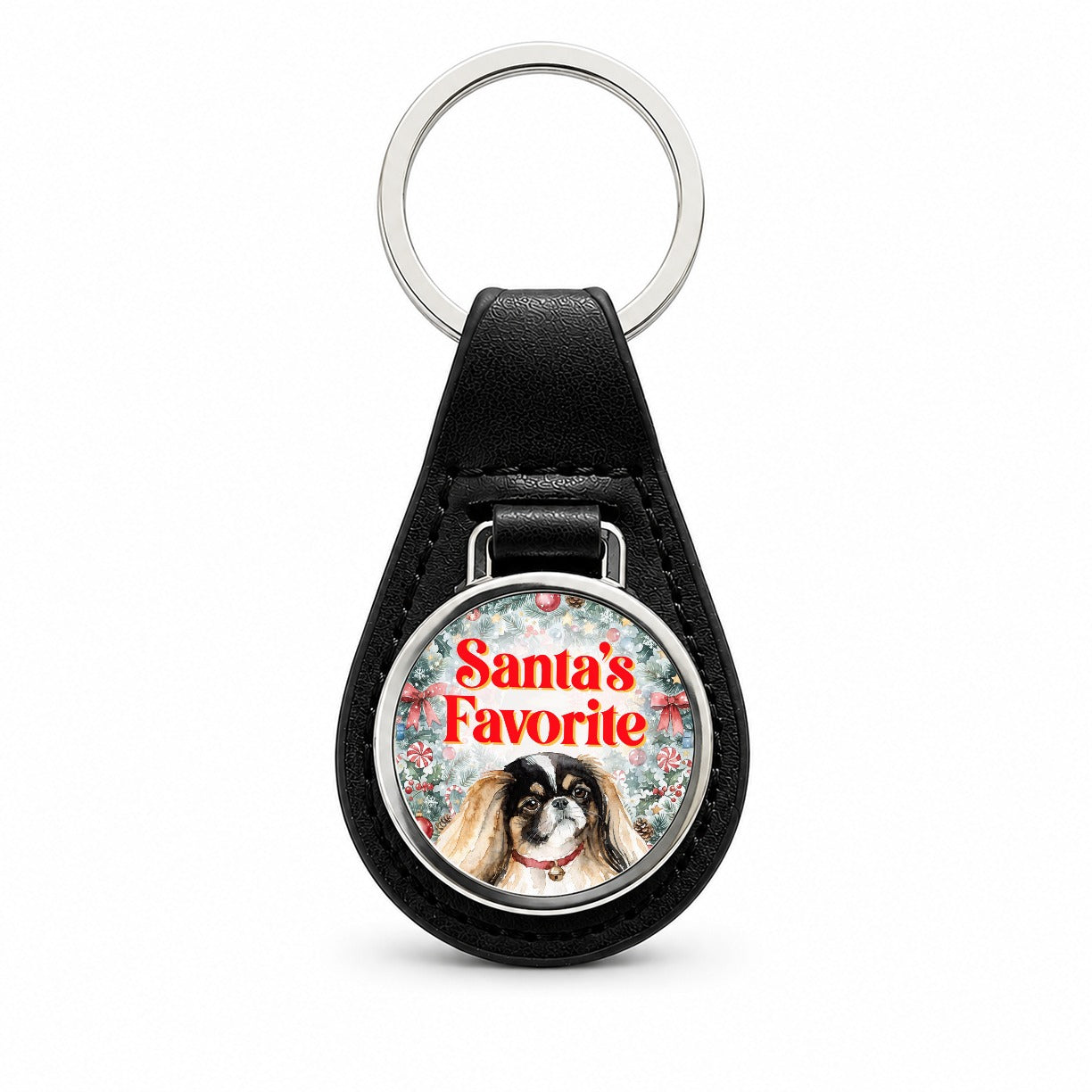 Pekingese Dog Christmas Santa's Favorite Black Leather Metal Keychain