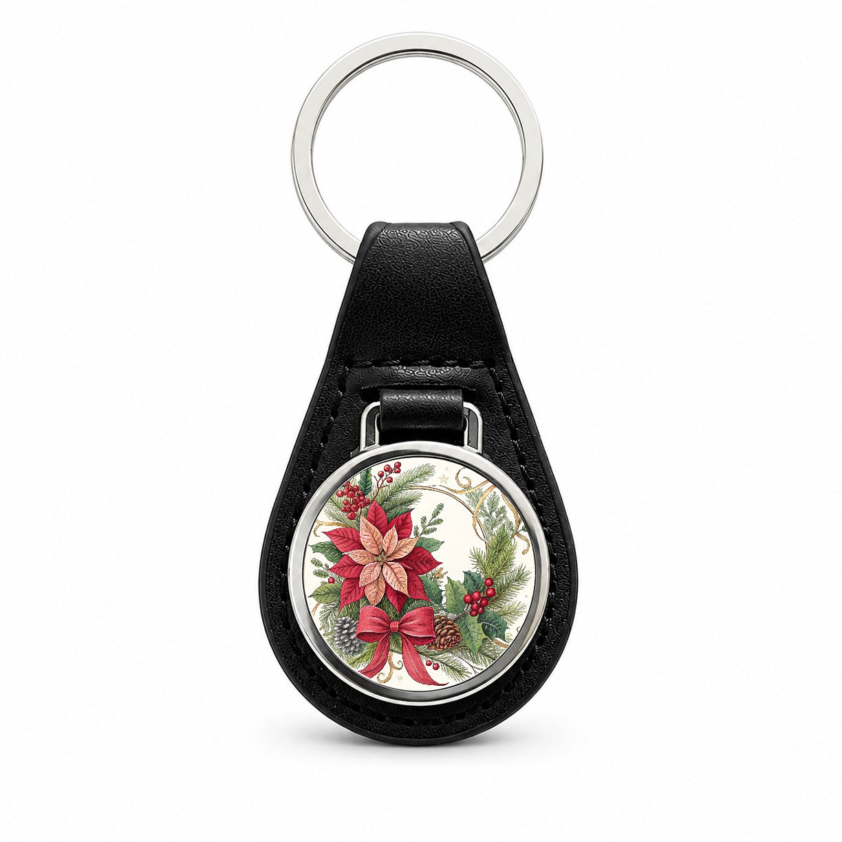 Poinsettias Holly Berries Christmas Black Leather Metal Keychain