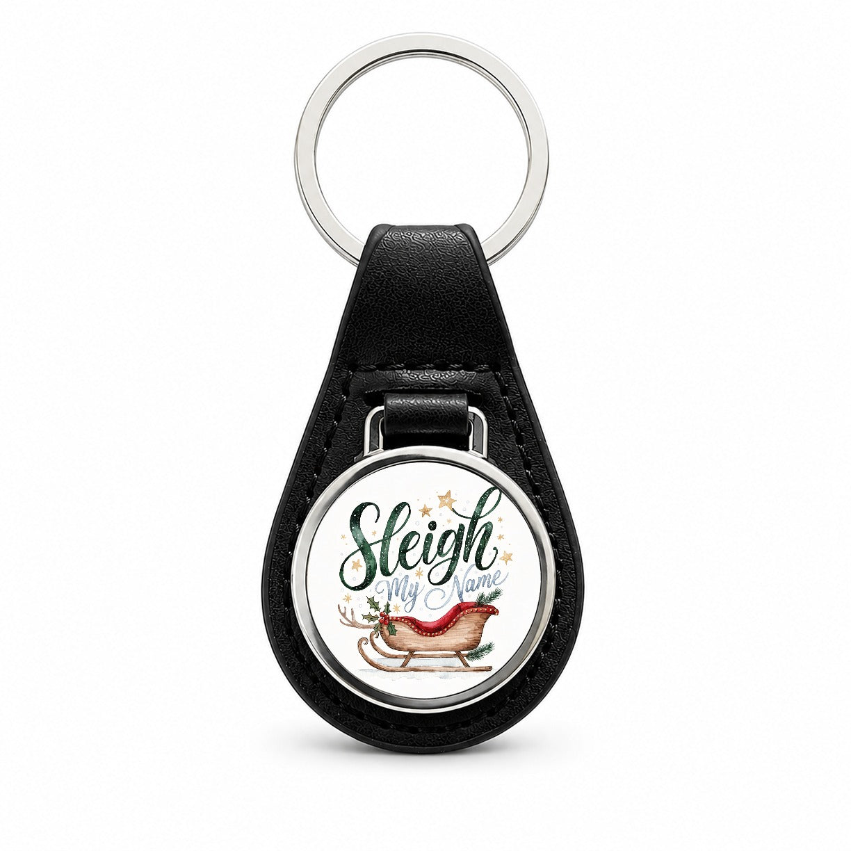 Sleigh Say My Name Christmas Funny Black Leather Metal Keychain