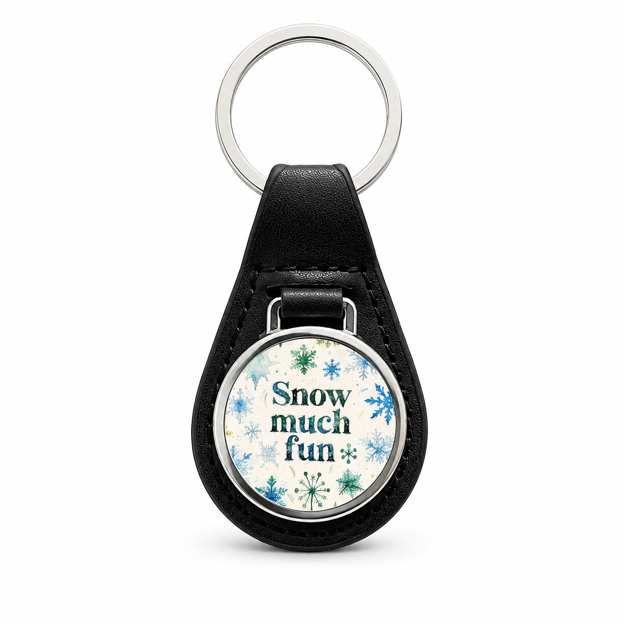 Snow So Much Fun Winter Snowflakes Black Leather Metal Keychain