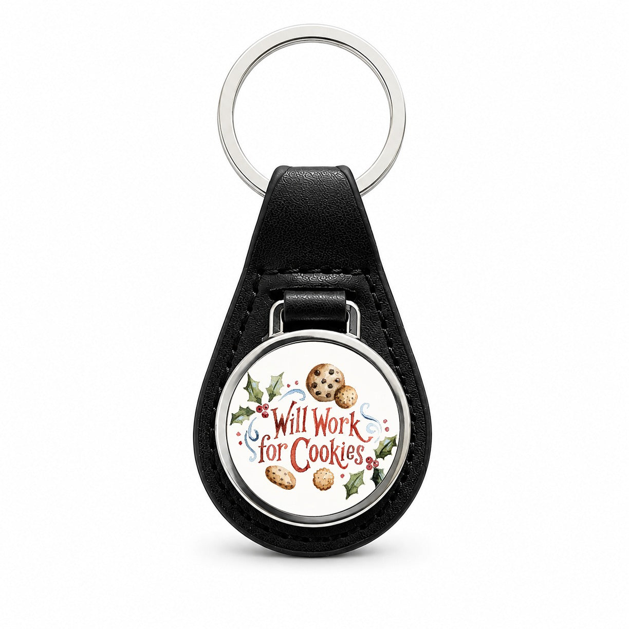 Will Work For Cookies Christmas Funny Black Leather Metal Keychain