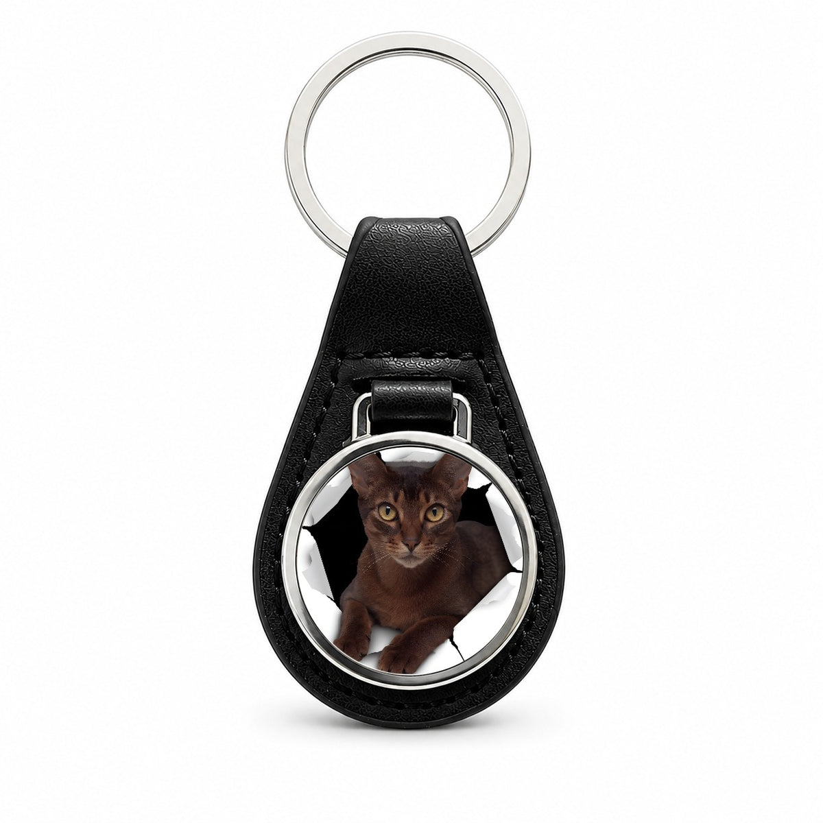 Abyssinian Cat Breakout Black Leather Metal Keychain