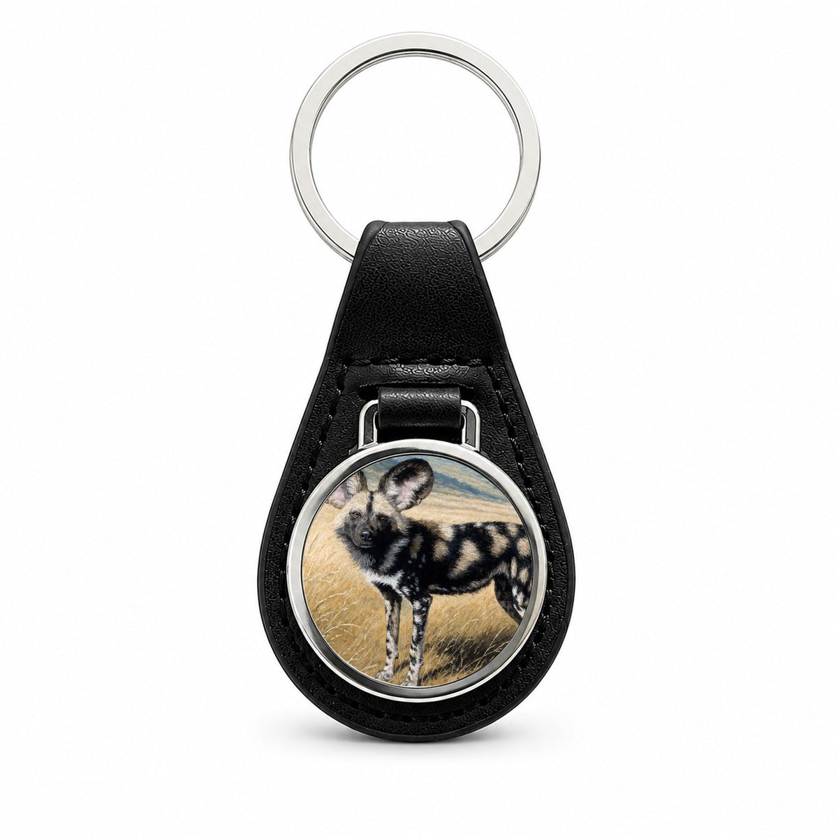 African Wild Dog Black Leather Metal Keychain