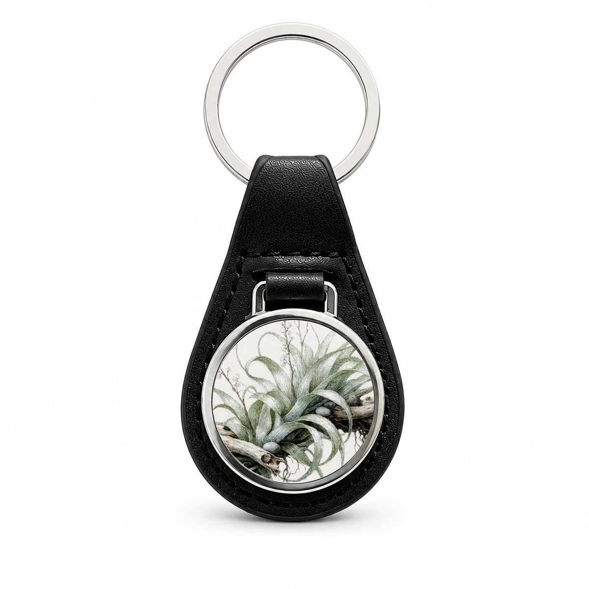 Air Plant Botanical Collection Black Leather Metal Keychain