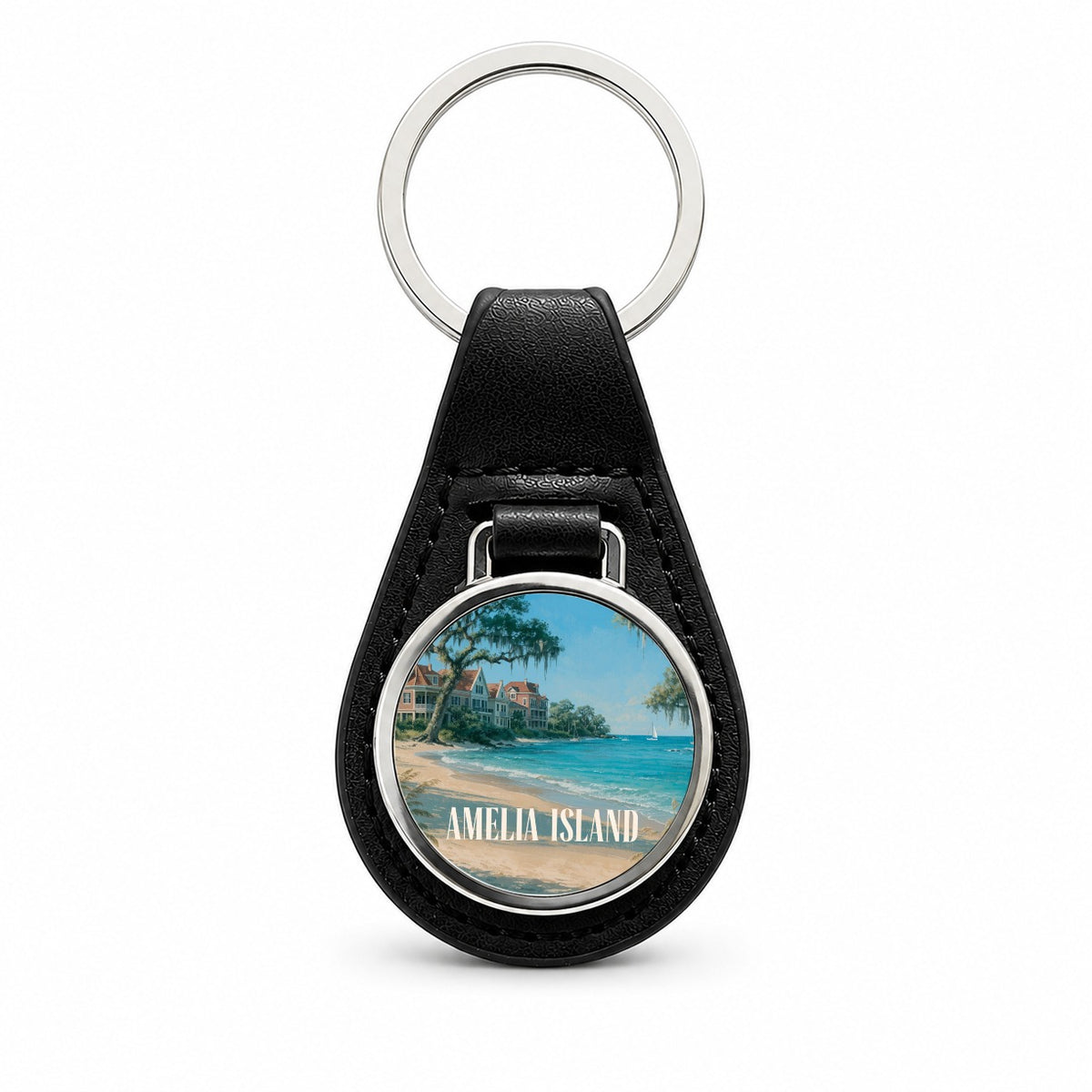 Amelia Island Florida Travel Black Leather Metal Keychain