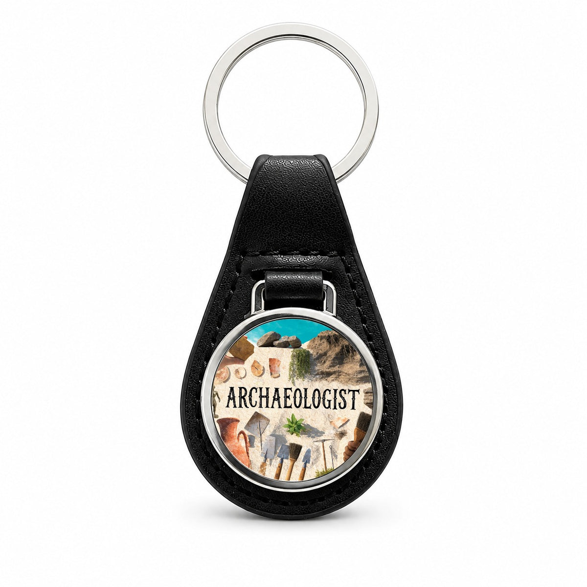 Archaeologist Black Leather Metal Keychain