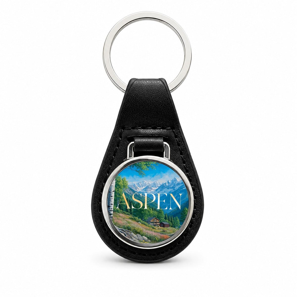 Aspen Colorado Travel Black Leather Metal Keychain