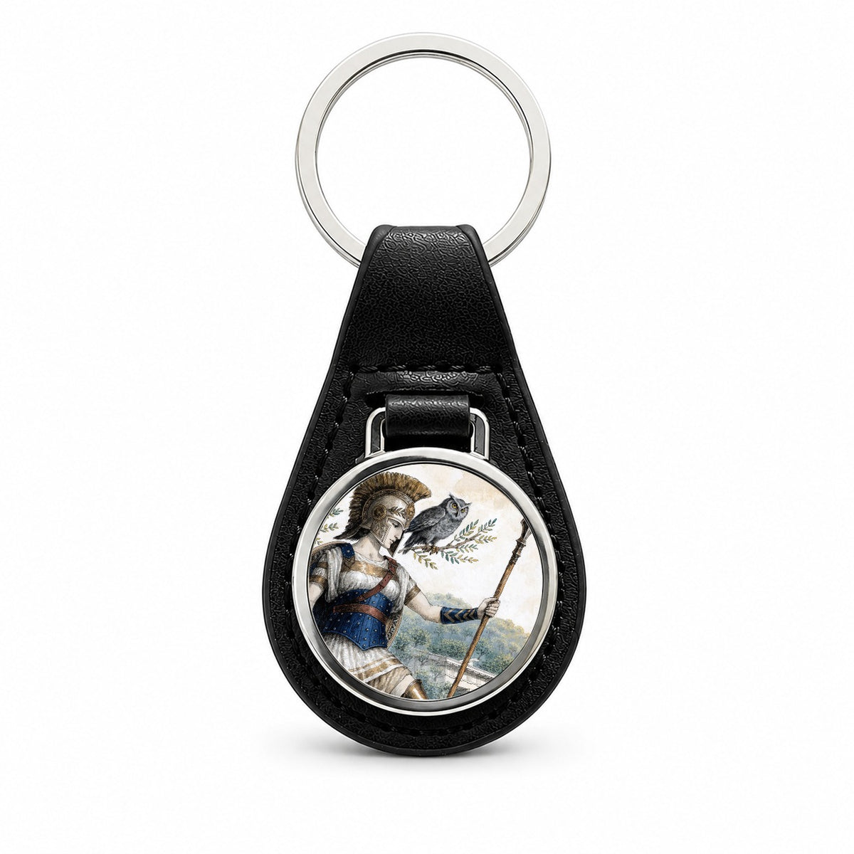 Athena Greek Goddess Black Leather Metal Keychain
