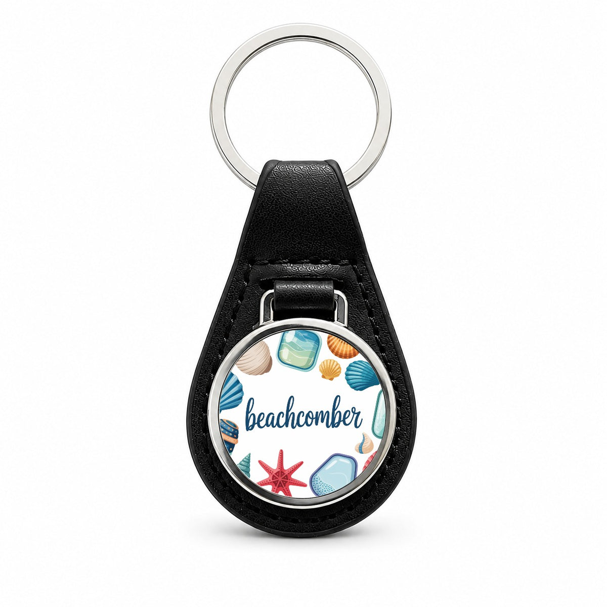 Beachcomber Seashells Sea Glass Black Leather Metal Keychain