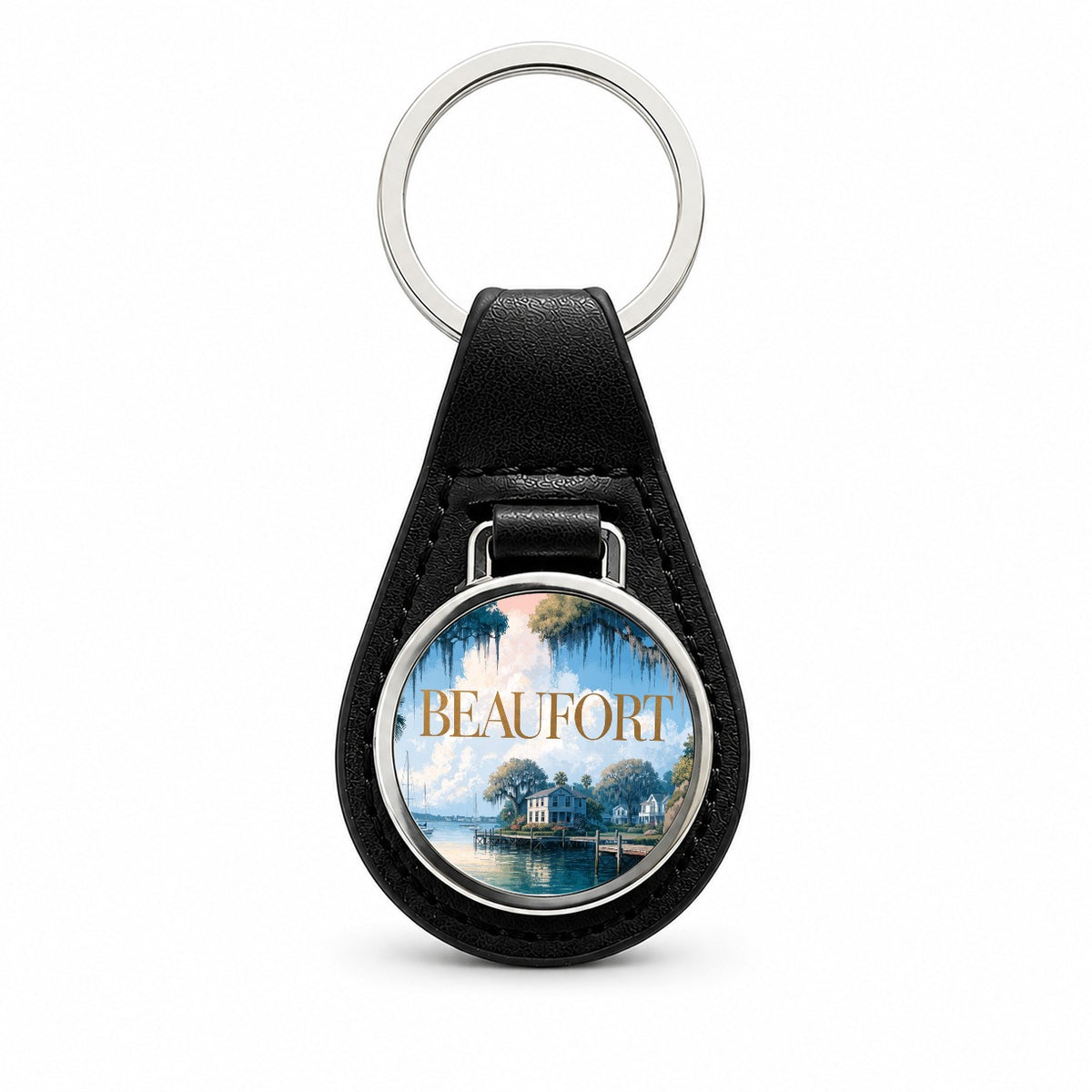 Beaufort South Carolina Travel Black Leather Metal Keychain