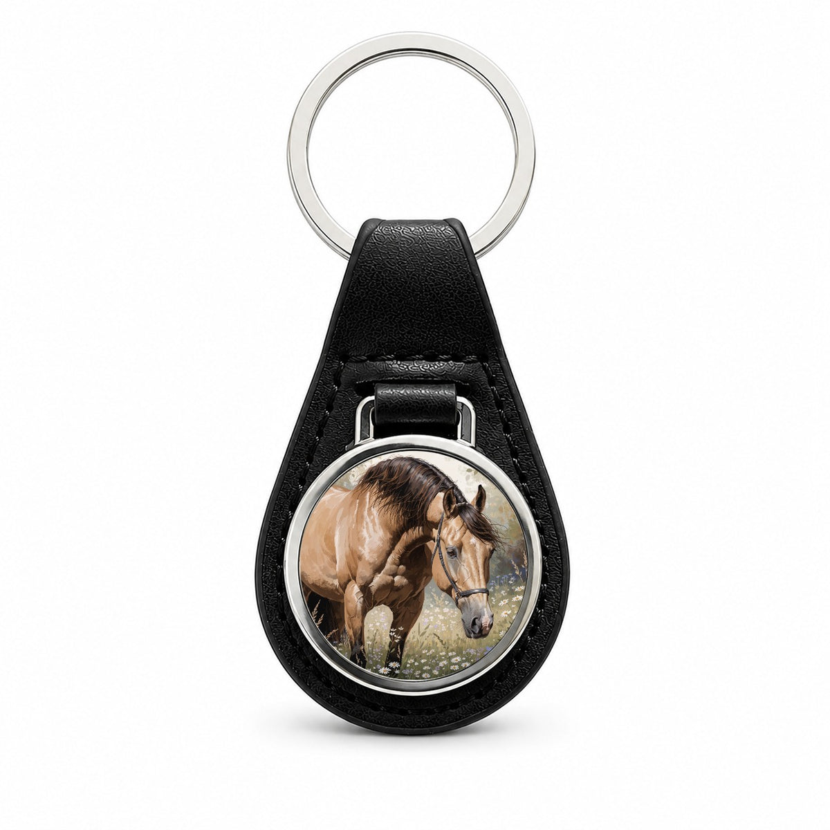 Beautiful Horse Wildflowers Black Leather Metal Keychain