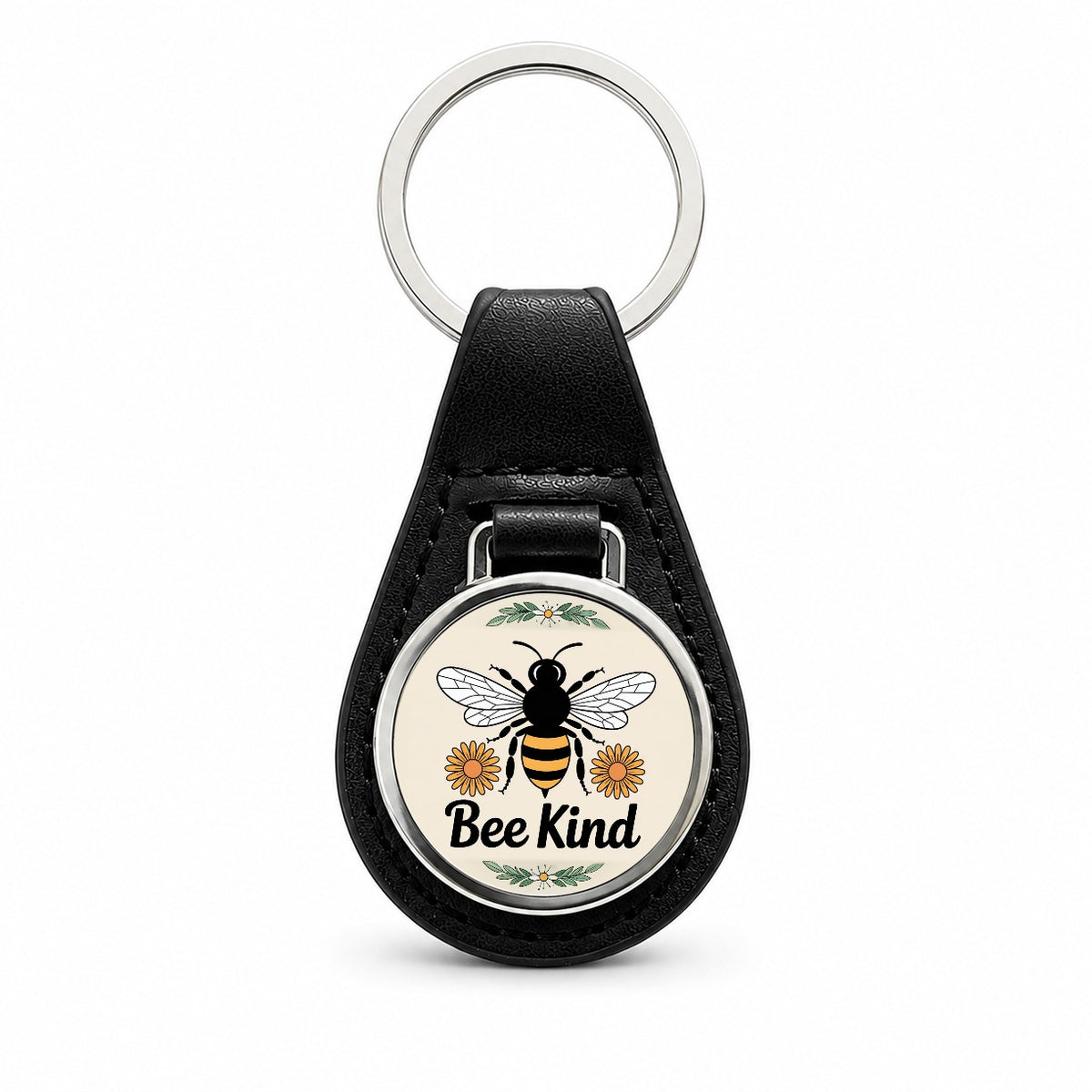 Bee Kind Honeybee Daisies Black Leather Metal Keychain