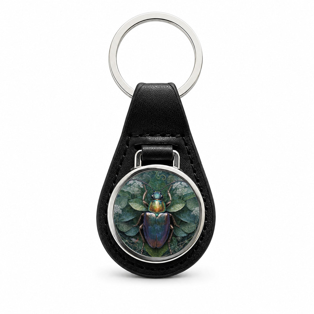 Beetle Botanical Garden Black Leather Metal Keychain