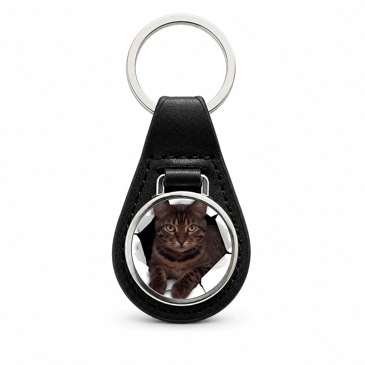 Bengal Cat Breakout Black Leather Metal Keychain