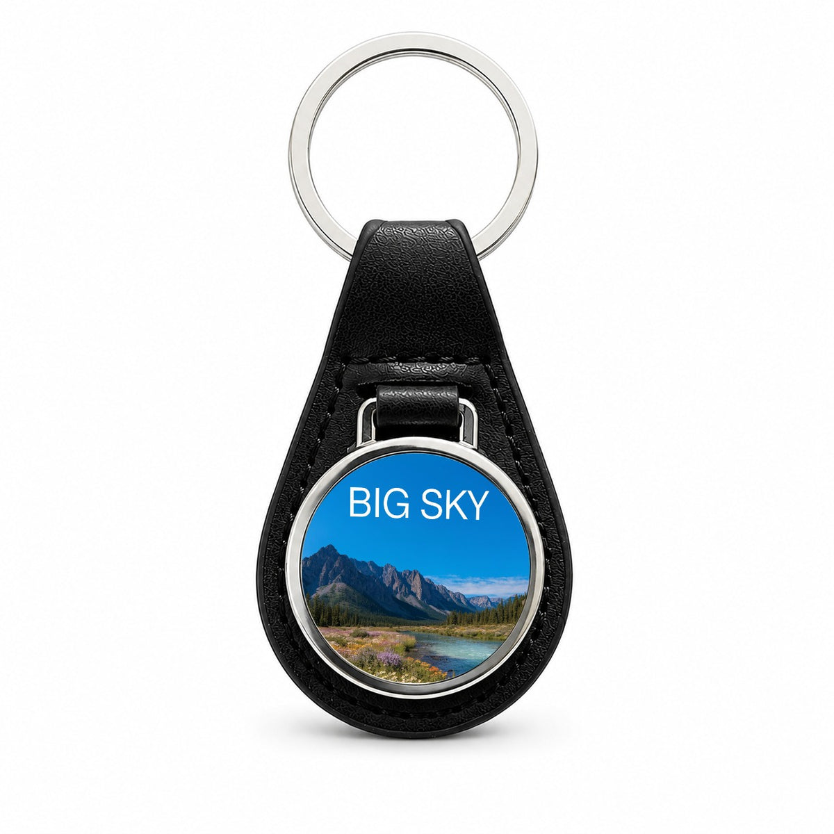 Big Sky Montana Travel Black Leather Metal Keychain