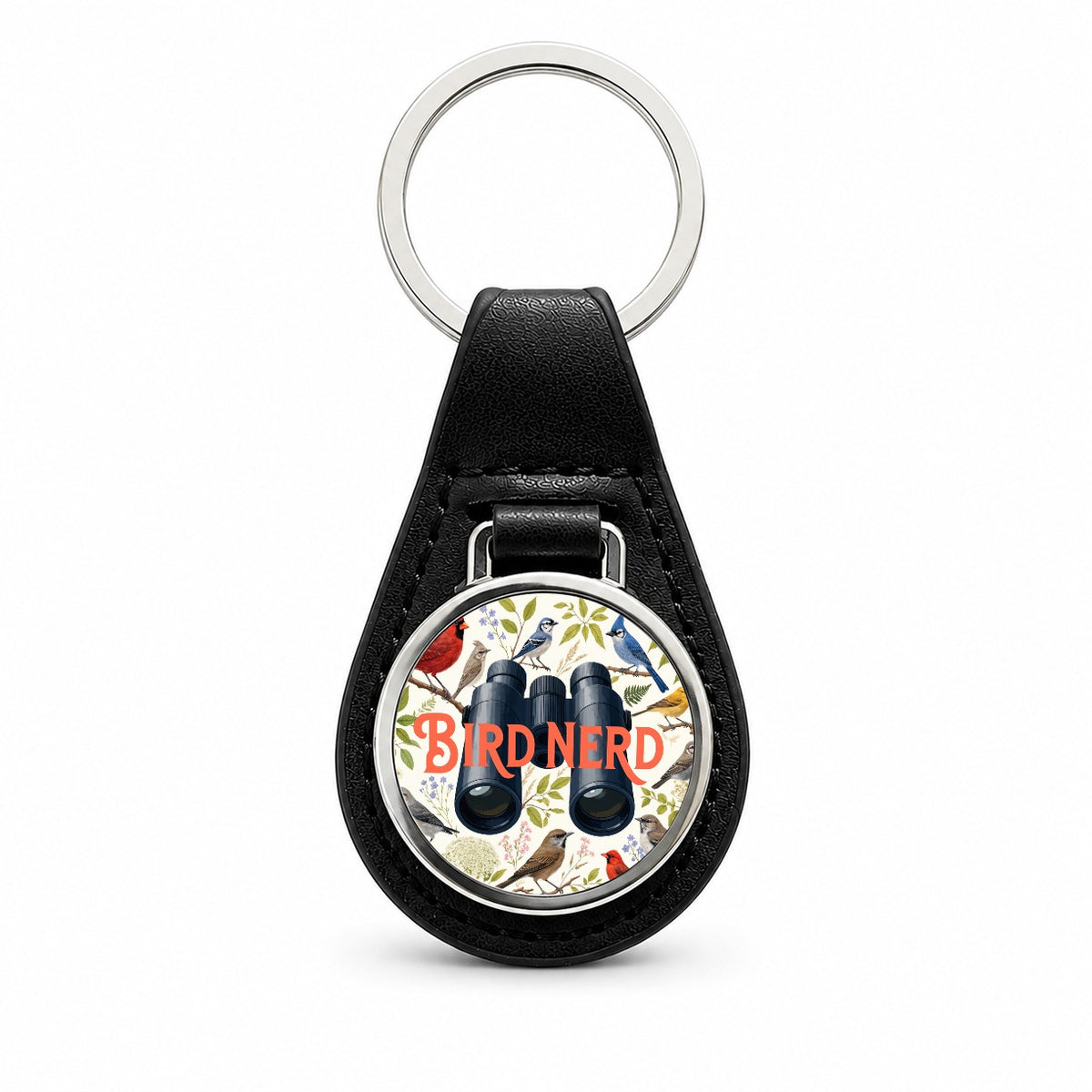 Bird Nerd Binoculars Birdwatching Black Leather Metal Keychain