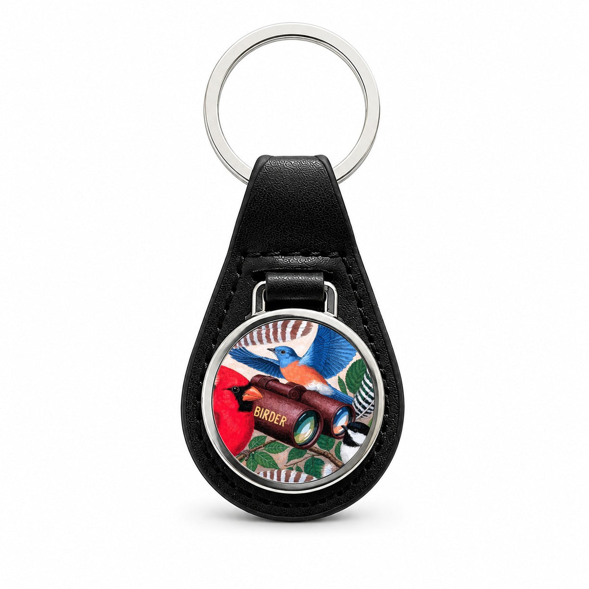 Birder Bird Lover Binoculars Black Leather Metal Keychain