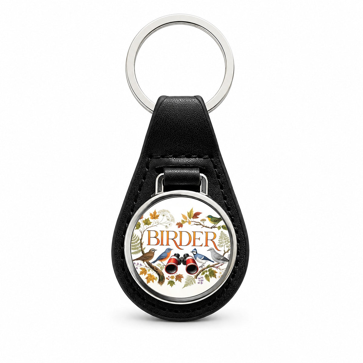 Birder Birdwatching Binoculars Black Leather Metal Keychain