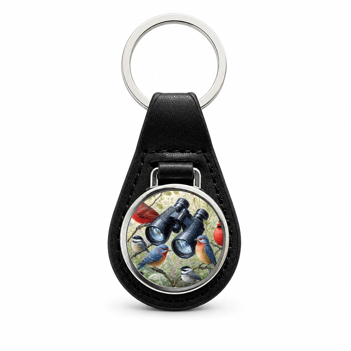 Birdwatching Binoculars Birds Black Leather Metal Keychain