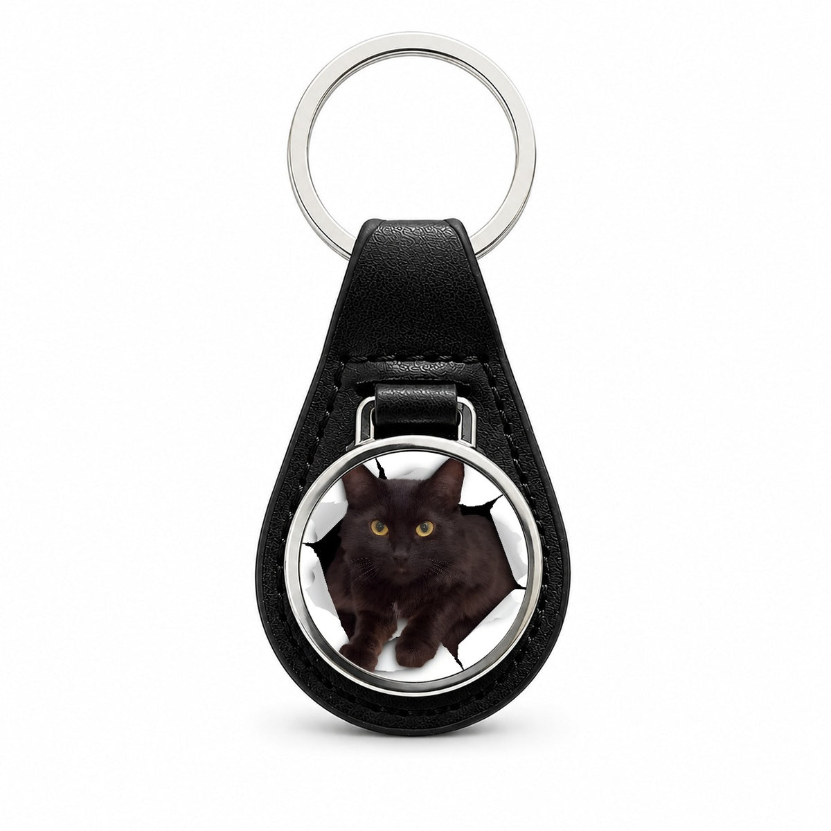 Black Cat Breakout Black Leather Metal Keychain