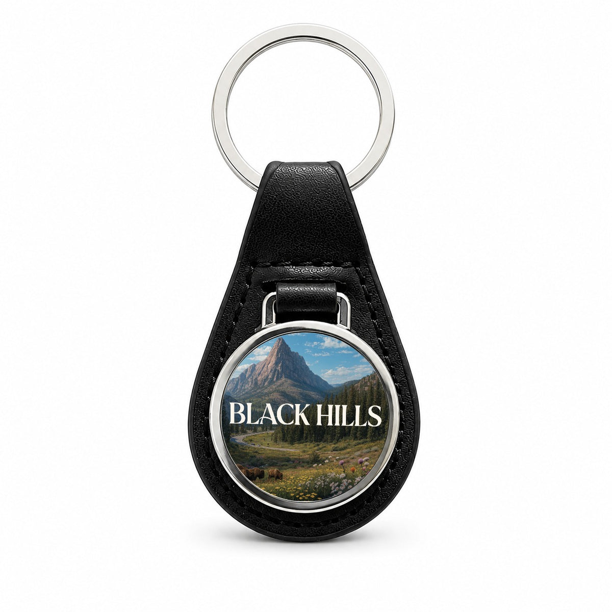 Black Hills South Dakota Travel Black Leather Metal Keychain