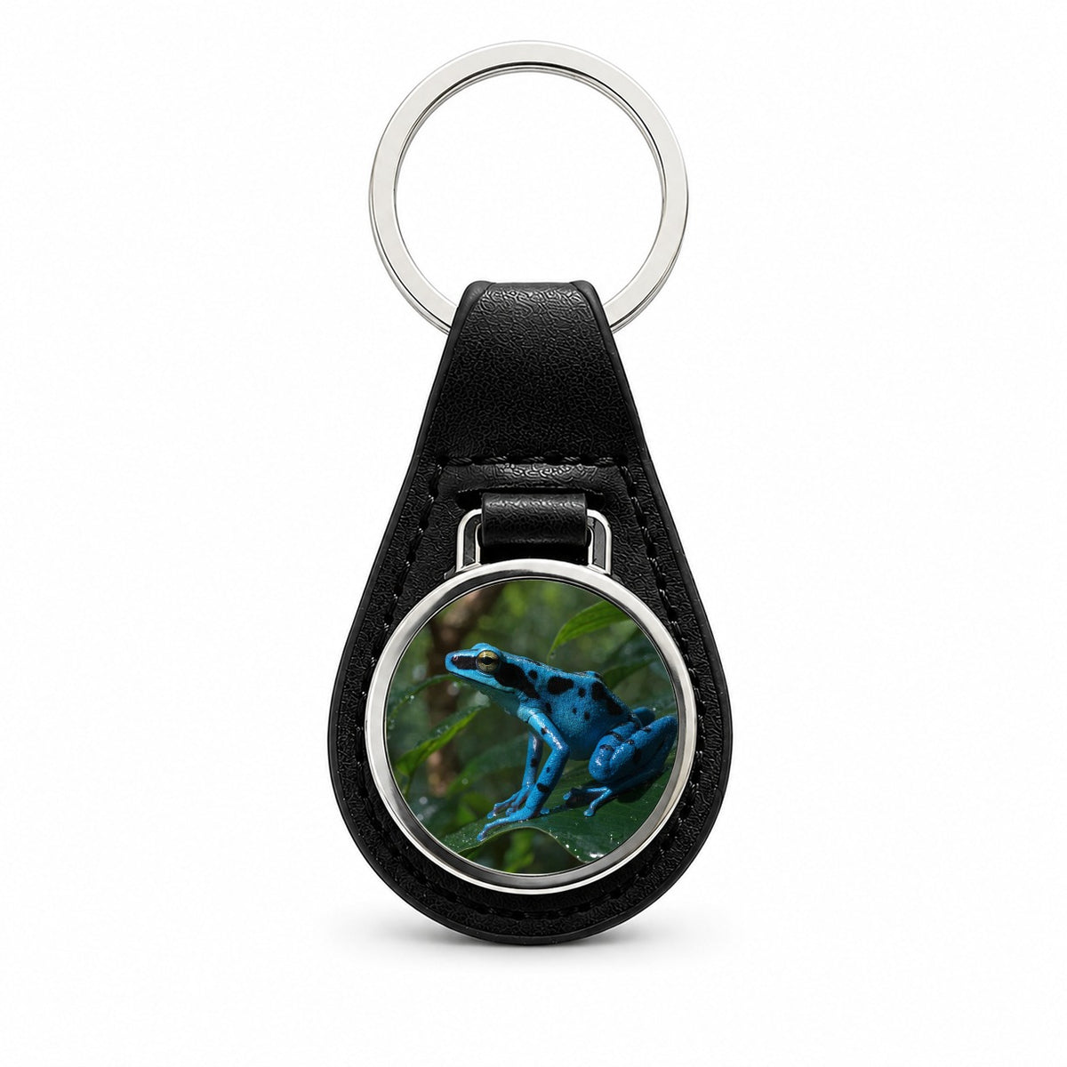 Blue Poison Dart Frog Black Leather Metal Keychain