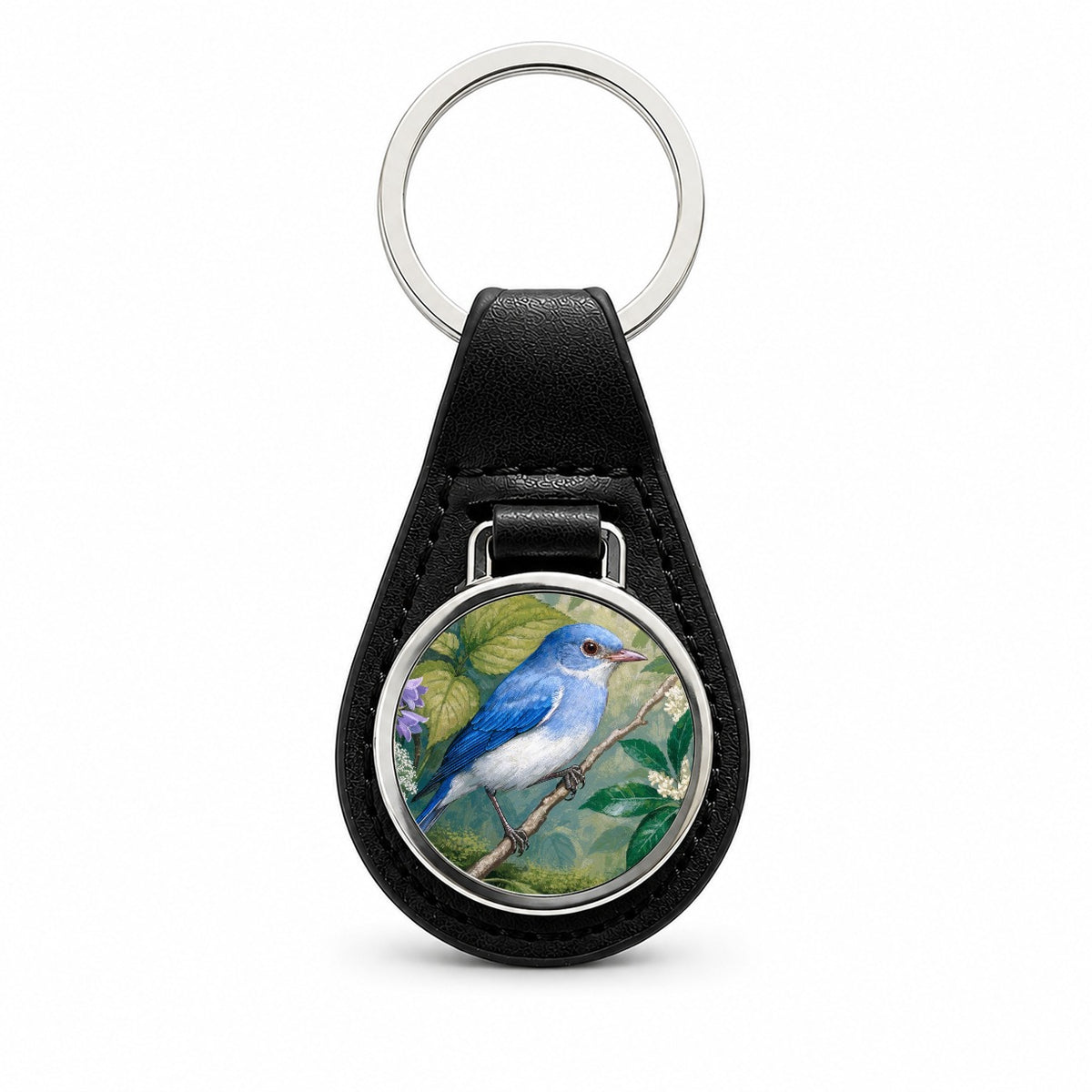 Bluebird Spring Wildflowers Black Leather Metal Keychain