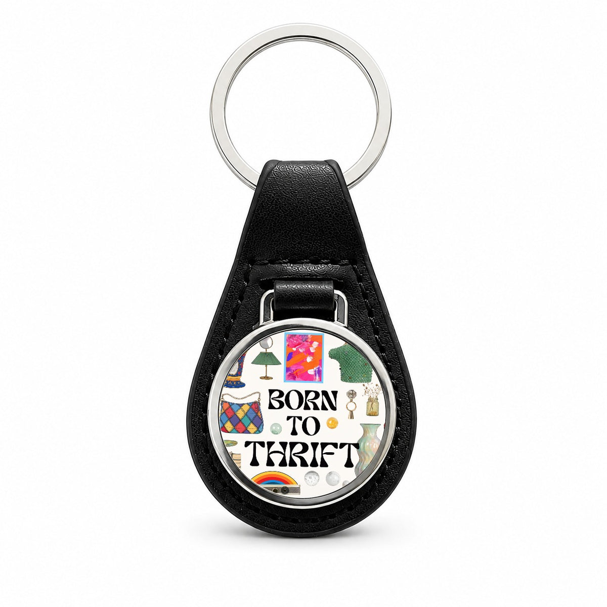 Born To Thrift Thrifting Black Leather Metal Keychain