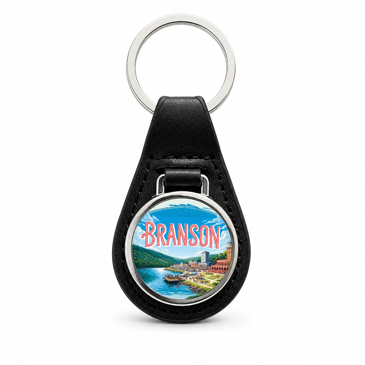 Branson Missouri Travel Black Leather Metal Keychain