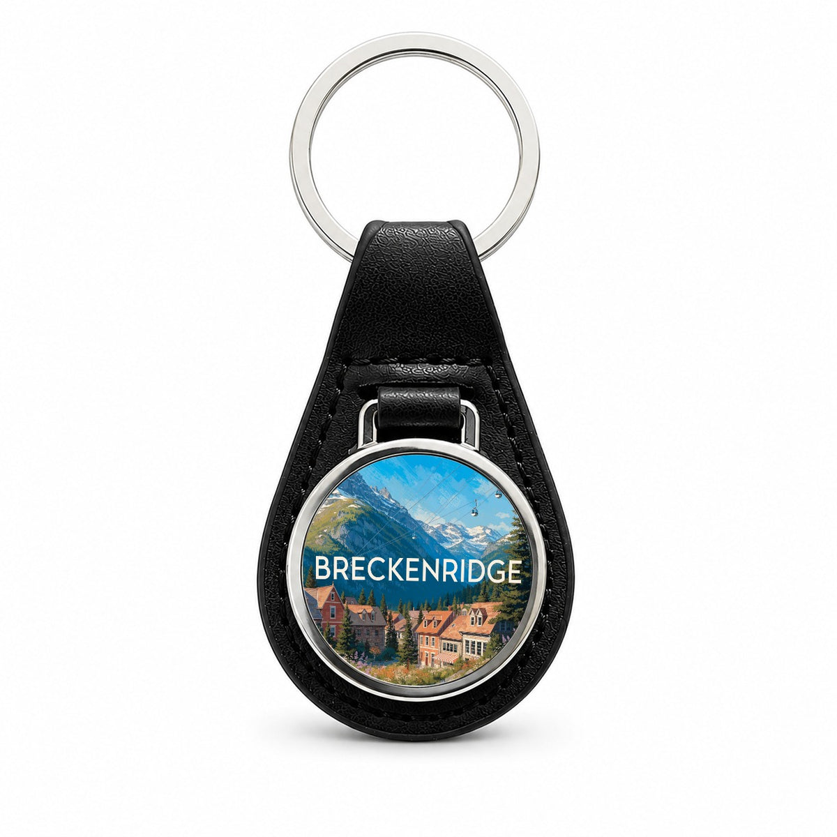 Breckenridge Colorado Mountains Travel Black Leather Metal Keychain
