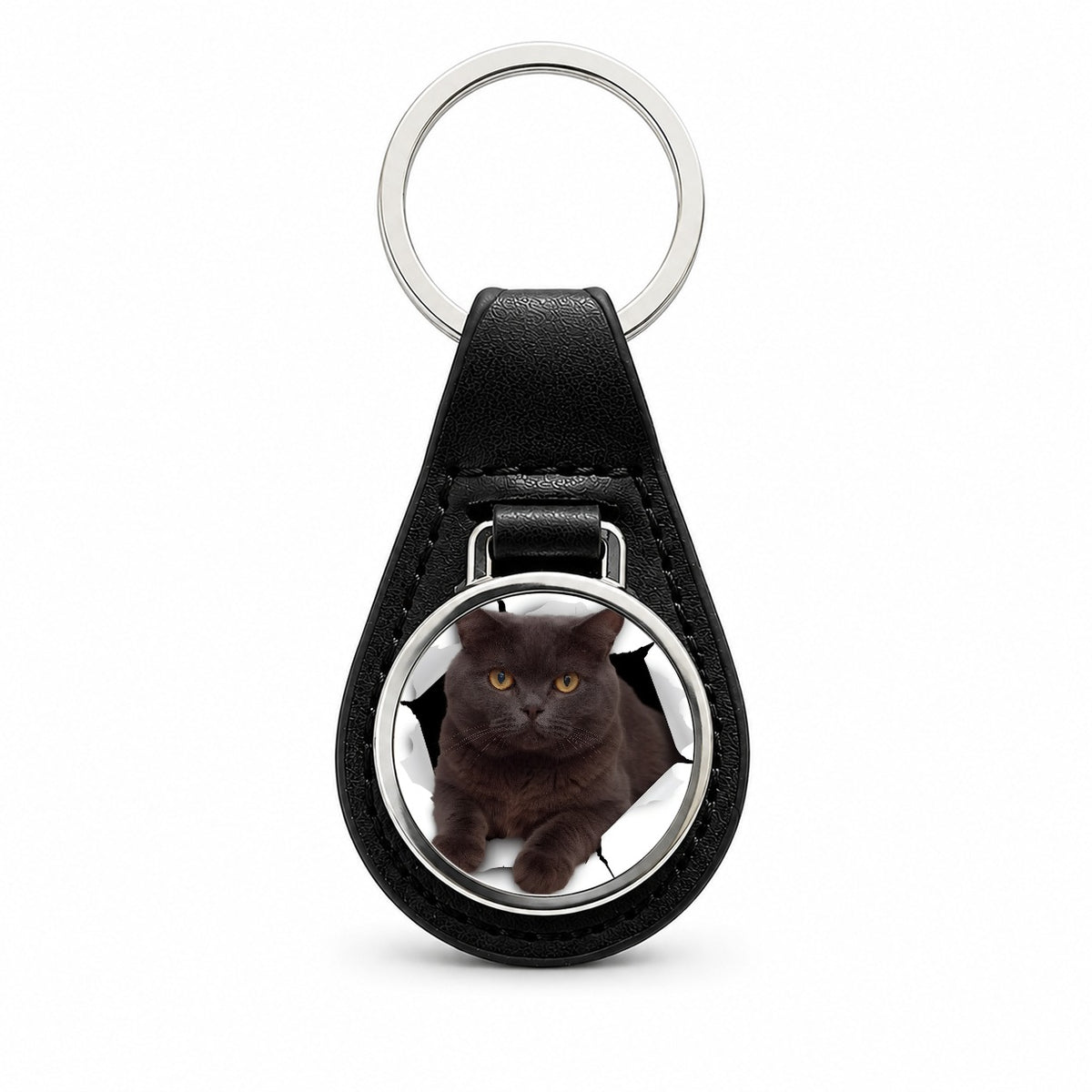 British Shorthair Cat Breakout Black Leather Metal Keychain