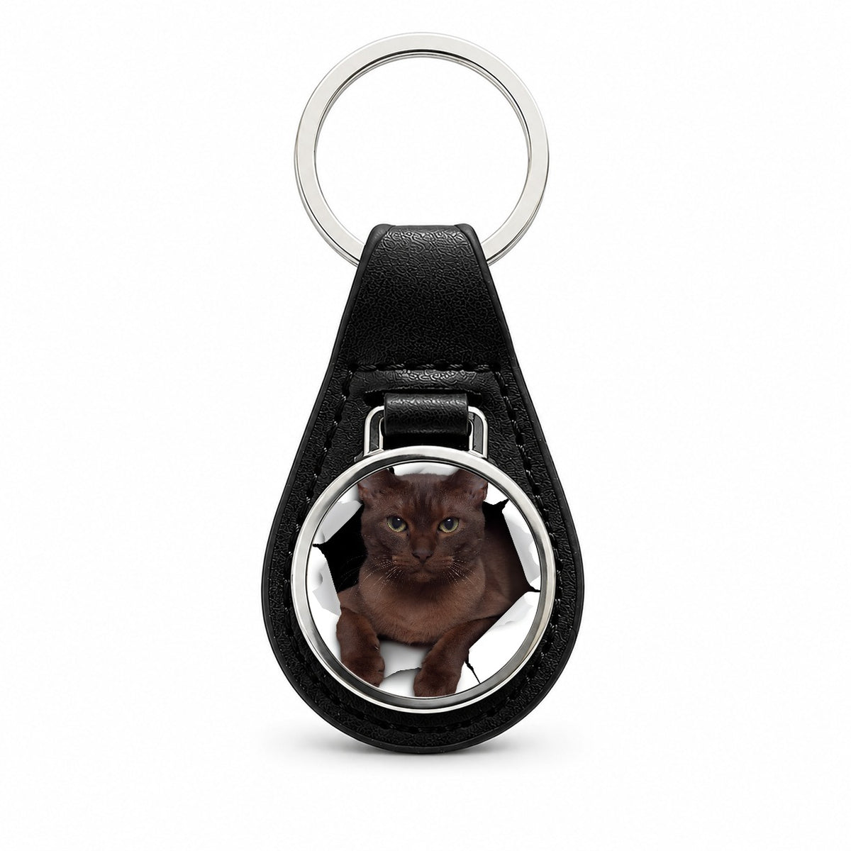 Burmese Cat Breakout Black Leather Metal Keychain