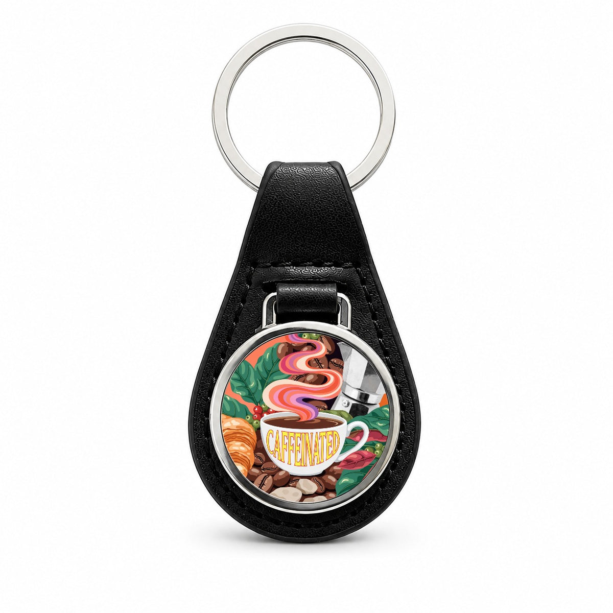 Caffeinated Coffee Cup Lover Fun Black Leather Metal Keychain