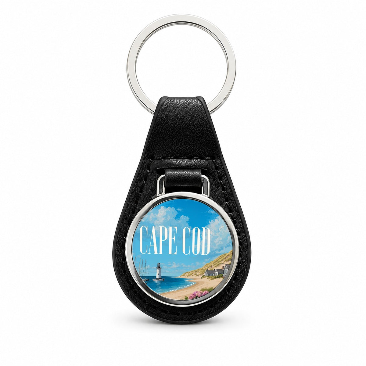 Cape Cod Massachusetts Travel Black Leather Metal Keychain