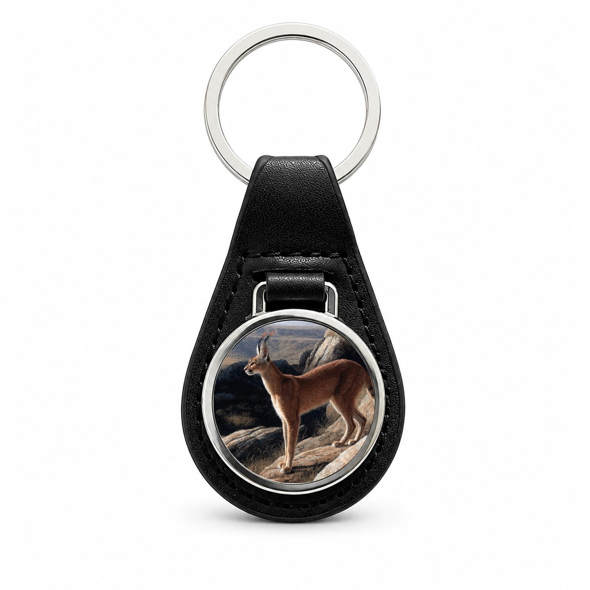 Caracal Wild Cat Black Leather Metal Keychain