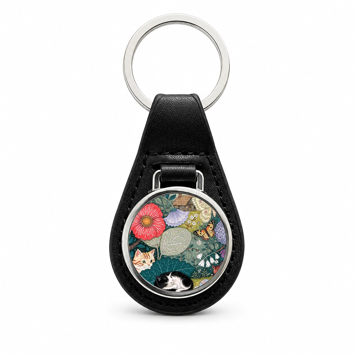 Cats In Garden Black Leather Metal Keychain