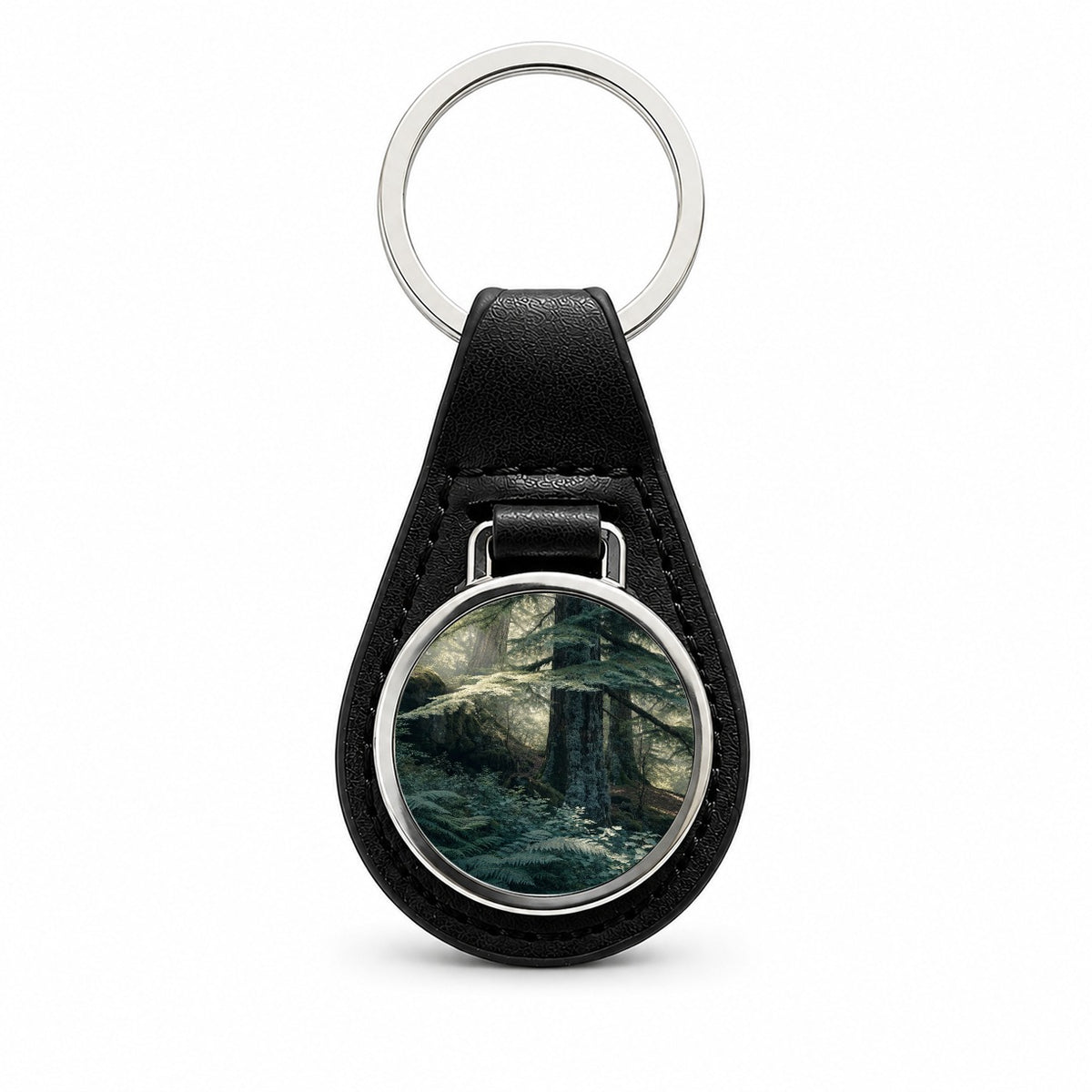 Cedar Woodland Forest Black Leather Metal Keychain