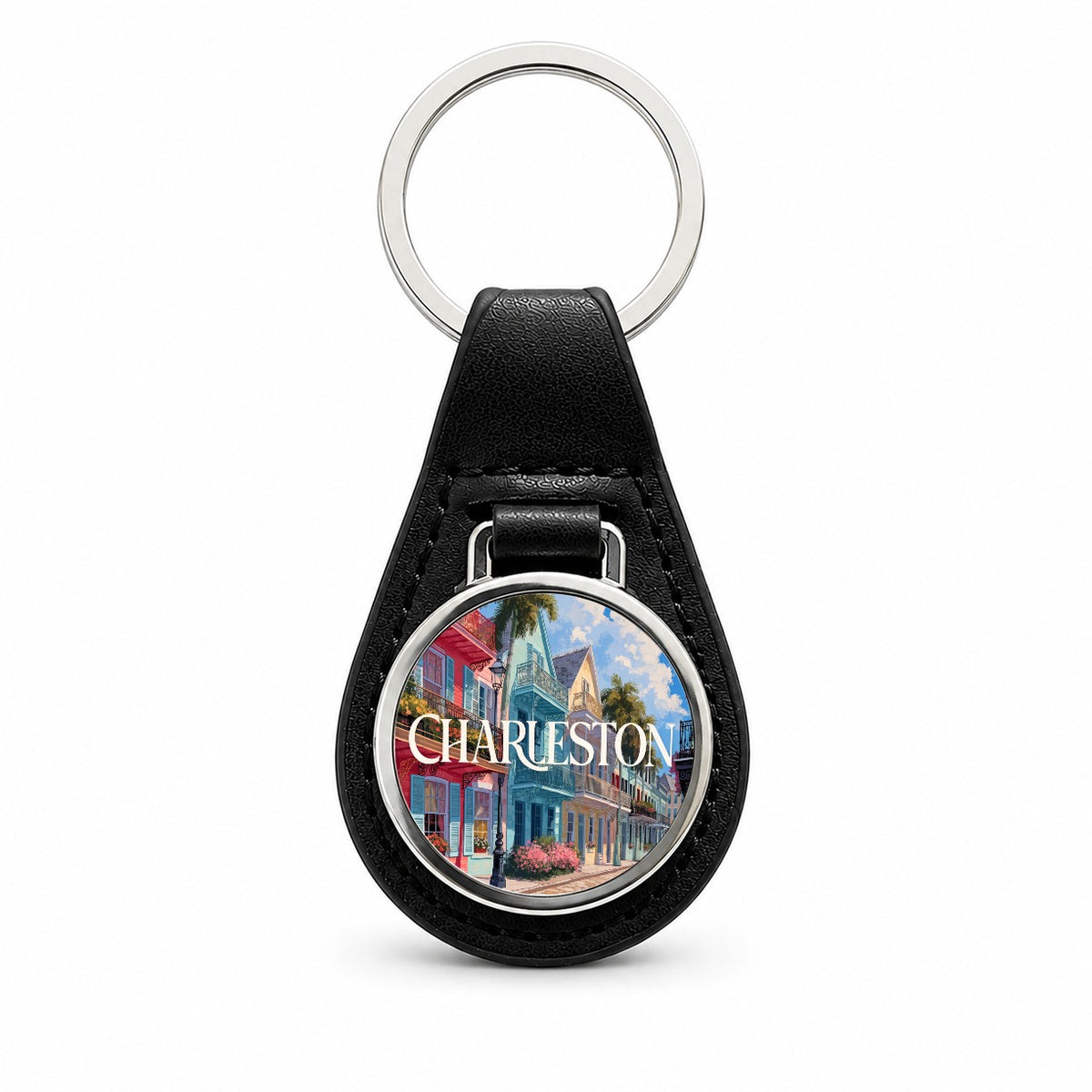 Charleston South Carolina Travel Black Leather Metal Keychain