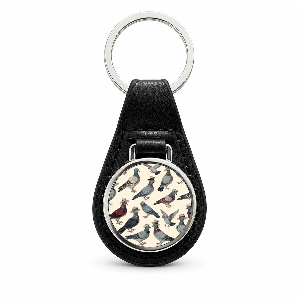 Charming Pigeons Wearing Hat Black Leather Metal Keychain