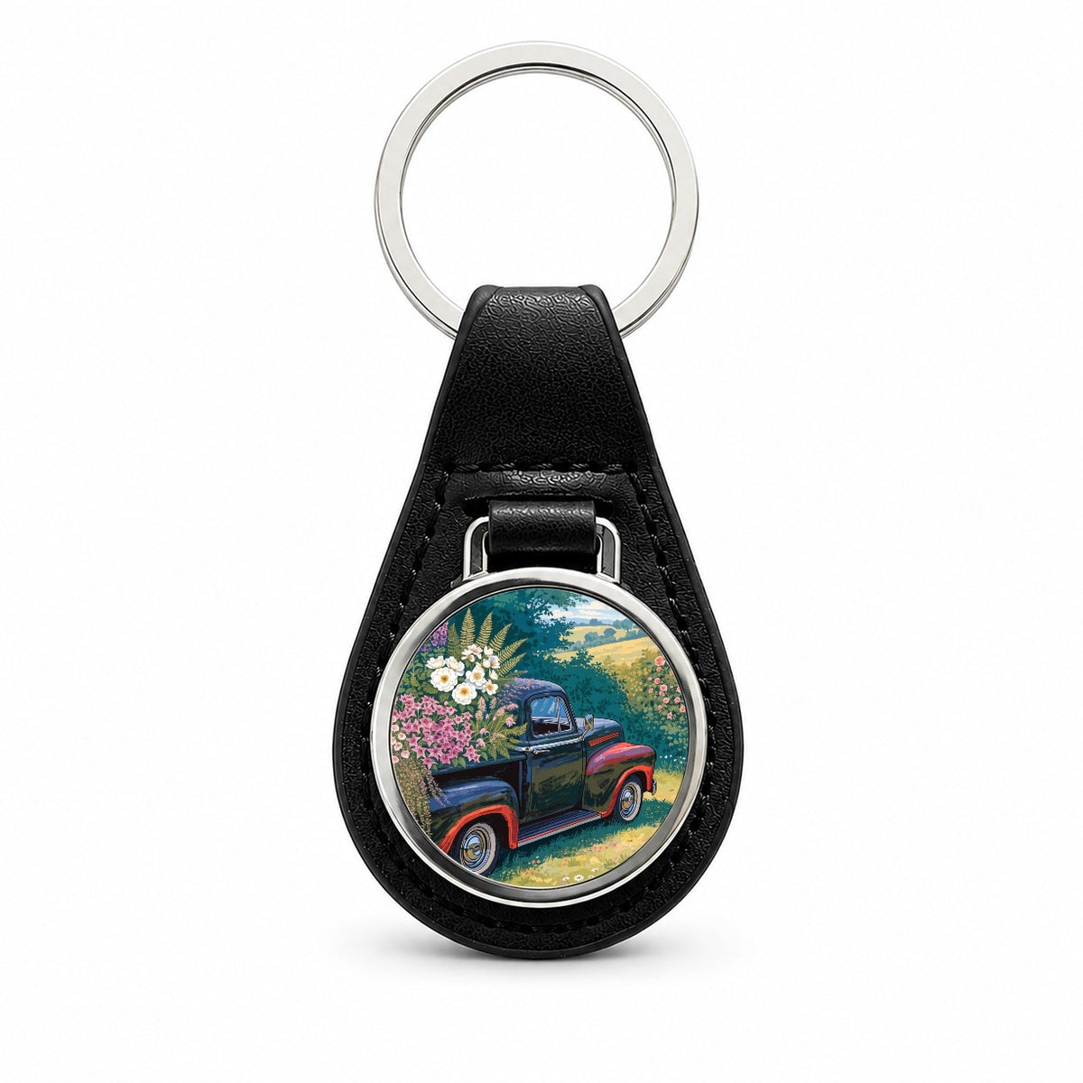 Charming Vintage Flower Pickup Truck Black Leather Metal Keychain
