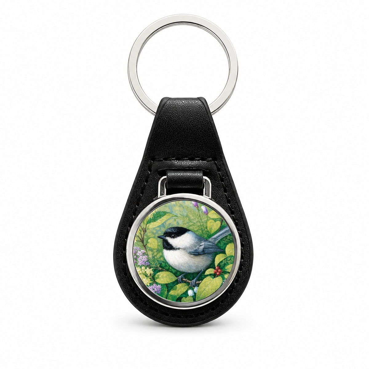 Chickadee Wildflower Garden Black Leather Metal Keychain
